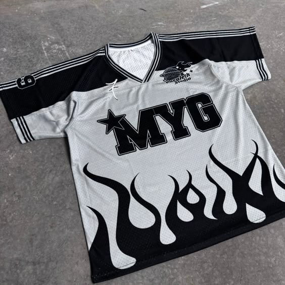 MYG Flame Graphic Mesh V-Neck Jersey
