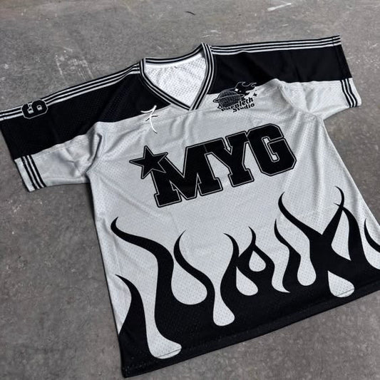 MYG Flame Graphic Mesh V-Neck Jersey
