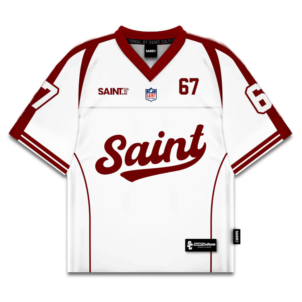 Saint Culture Script Football Jersey — White & Maroon  Edition | Number 67 | Premium Streetwear