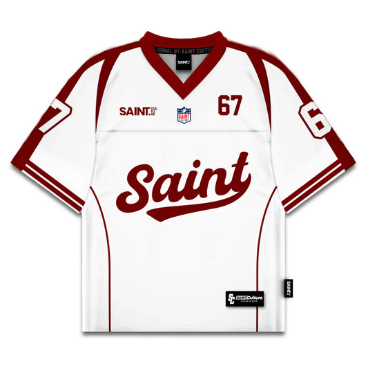 Saint Culture Script Football Jersey — White & Maroon  Edition | Number 67 | Premium Streetwear