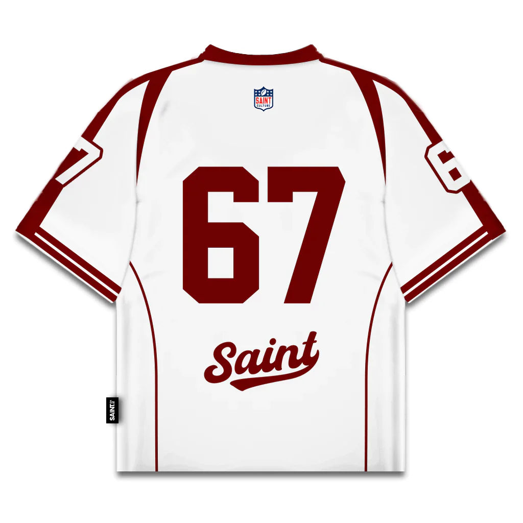 Saint Culture Script Football Jersey — White & Maroon  Edition | Number 67 | Premium Streetwear