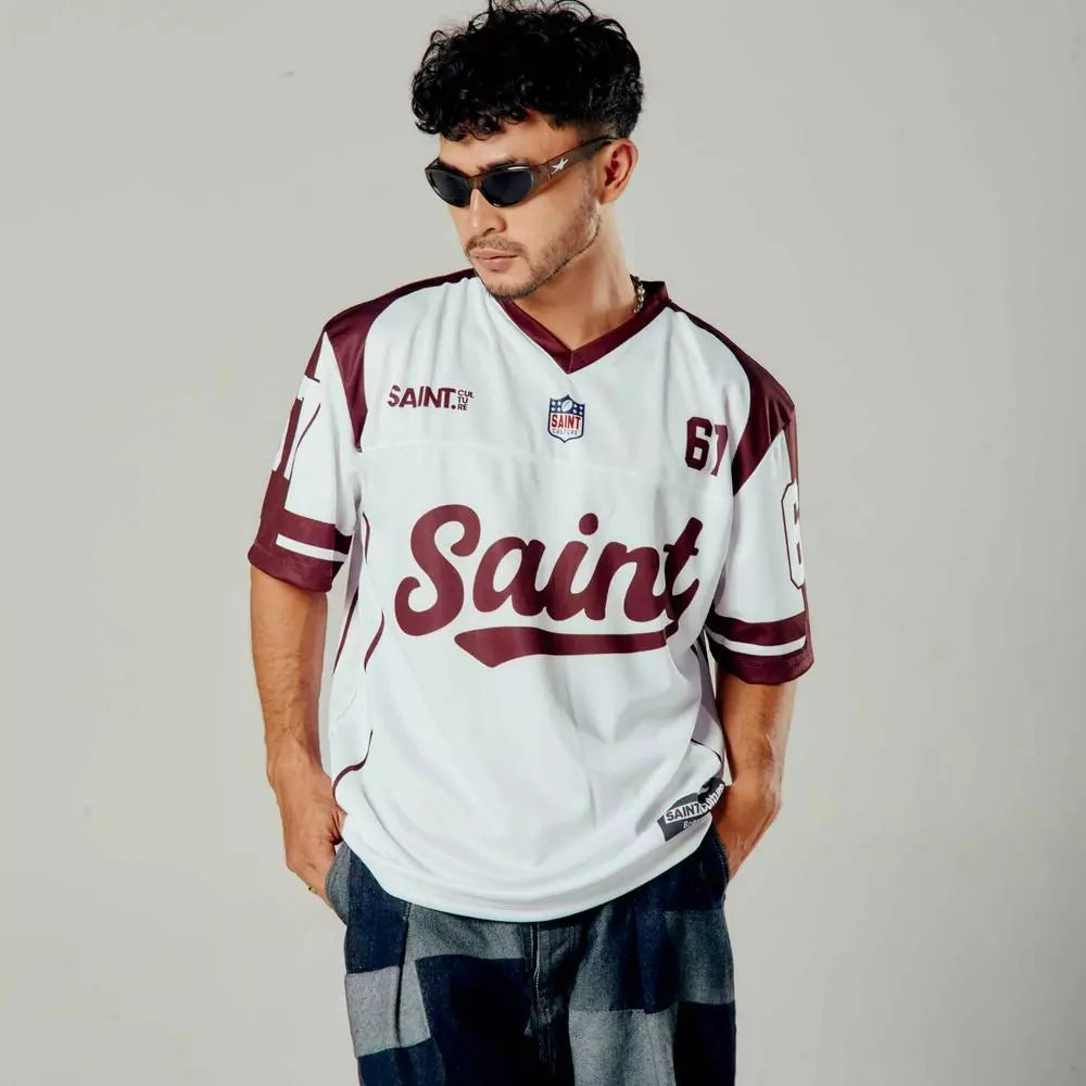 Saint Culture Script Football Jersey — White & Maroon  Edition | Number 67 | Premium Streetwear