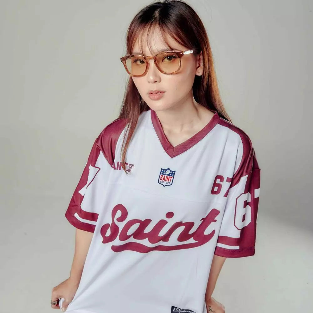 Saint Culture Script Football Jersey — White & Maroon  Edition | Number 67 | Premium Streetwear